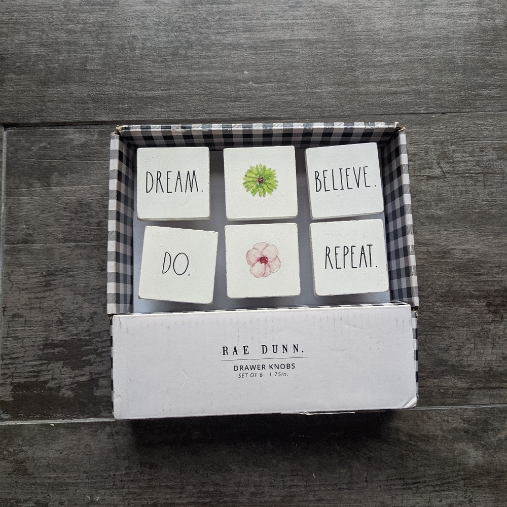 RAE DUNN Spring Floral Dream❀Believe❀ Do❀Repeat Drawer Knobs Set of 6
